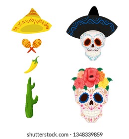 Mexican sugar skull illustration and objects for Cinco de Mayo
