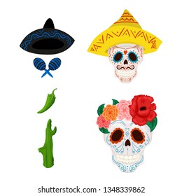 Mexican sugar skull illustration and objects for Cinco de Mayo