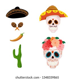 Mexican sugar skull illustration and objects for Cinco de Mayo