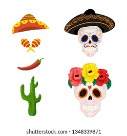 Mexican sugar skull illustration and objects for Cinco de Mayo