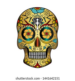 Mexican sugar skull Isolated on White Background. Design element for poster, card, banner, t shirt, emblem, sign.Day of The Dead colorful sugar skull with floral ornament and flower seamless pattern a