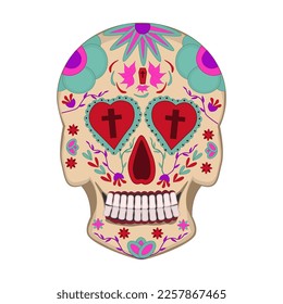 mexikanischer Zuckerschädel einzeln auf weißem Hintergrund. Dia de Los Muertos. Tag der Toten. Mexikanische Volkskultur. Schädel mit bunten Blumenverzierungen. Stock-Vektorgrafik