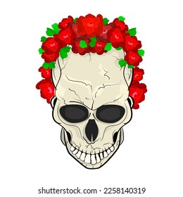 Mexican sugar skull isolated on white background. Skull with head wreath of roses. Dia de los Muertos celebration. Halloween, Day of the dead. Mexico folk culture. Stock vector illustration