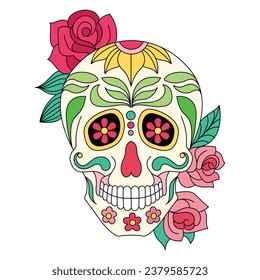 Mexican sugar skull isolated vector with flowers decoration for Day of the Dead on white background art 4