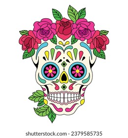 Mexican sugar skull isolated vector with flowers decoration for Day of the Dead on white background art 2