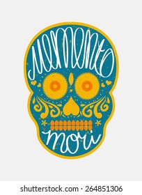 Mexican sugar skull with "memento mori" (latin. Be mindful of death) lettering, colorful illustration for Day Of the Dead (Di­a de los Muertos)
