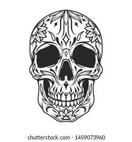 Mexican sugar skull monochrome concept with floral ornament in vintage style isolated vector illustration