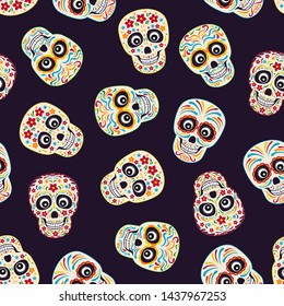 Mexican sugar skull on black background seamless pattern. Bright color vector illustration  in cartoon flat style. Day of the death.