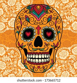 Mexican sugar skull on lace background