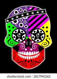 Calavera de azúcar mexicana con detalles de adorno, vector. Fondo de Halloween.