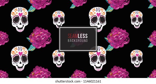 Mexican sugar skull and peony embroidery seamless pattern. Traditional elements on dark repeatable background. Watercolor style illustration on black backdrop.