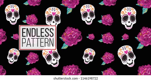 Mexican sugar skull and peony embroidery seamless pattern. Traditional elements on dark repeatable background. Watercolor style illustration on black backdrop.