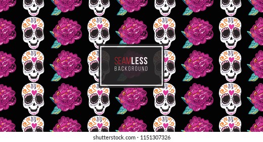 Mexican sugar skull and peony embroidery seamless pattern. Traditional elements on dark repeatable background. Watercolor style illustration on black backdrop.