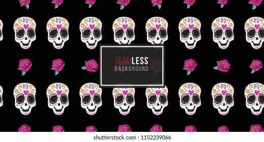 Mexican sugar skull and peony embroidery seamless pattern. Traditional elements on dark repeatable background. Watercolor style illustration on black backdrop.