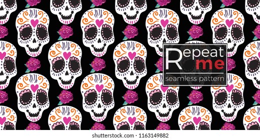 Mexican sugar skull and peony embroidery seamless pattern. Traditional elements on dark repeatable background. Watercolor style illustration on black backdrop.