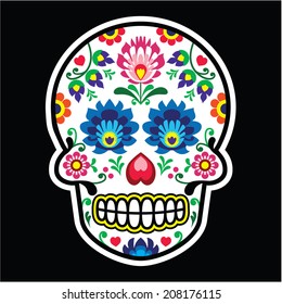 Mexican sugar skull - Polish folk art style - Wzory Lowickie, Wycinanka on black