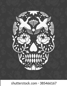 Mexican sugar skull poster or t-shirt print with flower pattern.