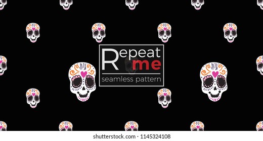 Mexican sugar skull seamless pattern. Traditional elements on dark repeatable background. Watercolor style illustration on black backdrop.