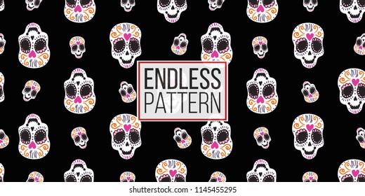 Mexican sugar skull seamless pattern. Traditional elements on dark repeatable background. Watercolor style illustration on black backdrop.