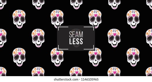 Mexican sugar skull seamless pattern. Traditional elements on dark repeatable background. Watercolor style illustration on black backdrop.