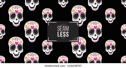 Mexican sugar skull seamless pattern. Traditional elements on dark repeatable background. Watercolor style illustration on black backdrop.