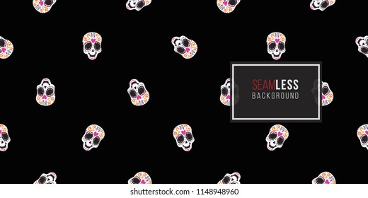 Mexican sugar skull seamless pattern. Traditional elements on dark repeatable background. Watercolor style illustration on black backdrop.