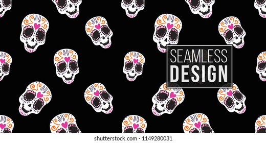 Mexican sugar skull seamless pattern. Traditional elements on dark repeatable background. Watercolor style illustration on black backdrop.