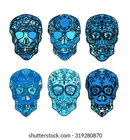 Mexican sugar skull set for the Day Of The Dead Skull. Vector tribal illustration.Festive multicolor ornament for textile print design.