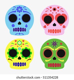 Mexican sugar skull set, day of the dead poster. Flat vector illustration