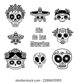 Mexican sugar skull set, Dia de los Muertos icons collection in doodle style. Skulls with flowers and sombrero. Black and white hand drawn vector illustration.