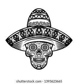 Mexican sugar skull in sombrero. Day of the dead theme. Design element for poster, t shirt, emblem, sign.