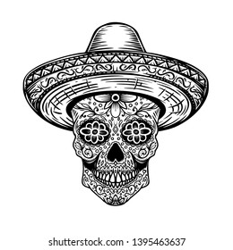 Mexican sugar skull in sombrero. Day of the dead theme. Design element for poster, t shirt, emblem, sign. Vector illustration