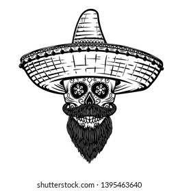 Mexican sugar skull in sombrero. Day of the dead theme. Design element for poster, t shirt, emblem, sign. Vector illustration