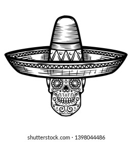 Mexican sugar skull in sombrero. Day of the dead theme. Design element for poster, t shirt, emblem, sign.