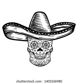 Mexican sugar skull in sombrero. Day of the dead theme. Design element for poster, t shirt, emblem, sign.