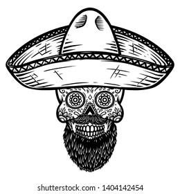 Mexican sugar skull in sombrero. Day of the dead theme. Design element for poster, t shirt, emblem, sign.