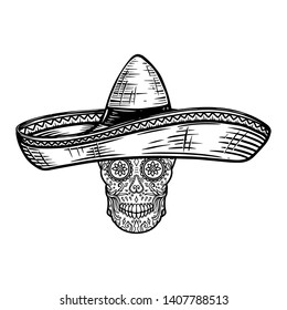 Mexican sugar skull in sombrero. Day of the dead theme. Design element for poster, t shirt, emblem, sign.