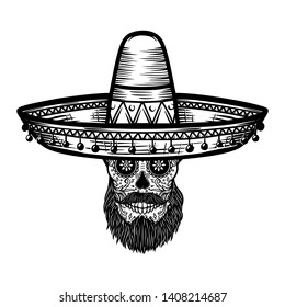 Mexican sugar skull in sombrero. Day of the dead theme. Design element for poster, t shirt, emblem, sign.