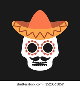 Mexican sugar skull with sombrero on dark background