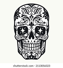 Mexican sugar skull tattoo design with swirl ornaments and stars instead of eyes, vector illustration