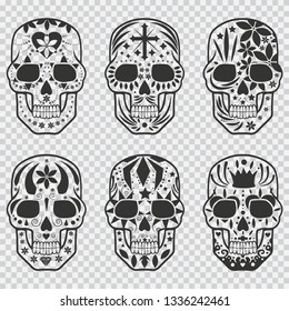Mexican sugar skull vector black silhouette set. Design elements for holiday Day of the Dead, Halloween, party and tattoo isolated on transparent background.
