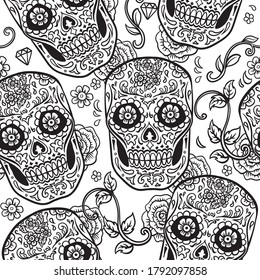 Mexican sugar skull vector seamless pattern