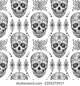 Mexican sugar skull vector seamless pattern, Halloween candy skulls background, Day of the Dead celebration,