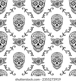Mexican sugar skull vector seamless pattern, Halloween candy skulls background, Day of the Dead celebration,