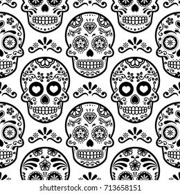 Caveira de açúcar mexicano padrão sem costura, crânios de doces de Halloween fundo, celebração Dia dos Mortos, projeto Calavera 
Papel de parede preto e branco, papel de parede crânio repetitivo, Dia de los Muertos