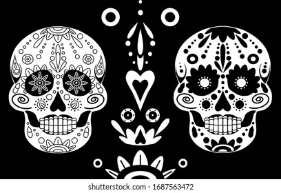 Mexican sugar skull. A white skull with a floral pattern. Design for the Mexican holiday Day of the dead and Halloween. Vector illustration illustration isolated on a black background.