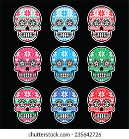 Mexican sugar skull with winter Nordic pattern on black