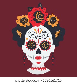 Mexican sugar skull. Woman skull with make up of Catarina with flowers crown. Day of the Dead.. Dia de los Muertos. Design element for logo, emblem, sign, poster, card, banner.