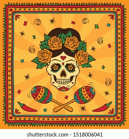 Mexican sugar skull of woman with maracas. Dia de los Muertos