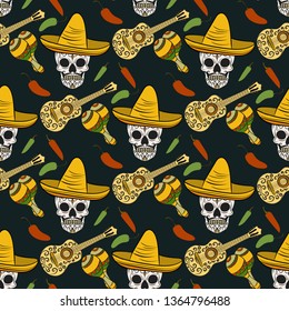 Mexican sugar skulls with chili pepper, guitar, sombrero, maracas. Day of the Dead. Seamless pattern